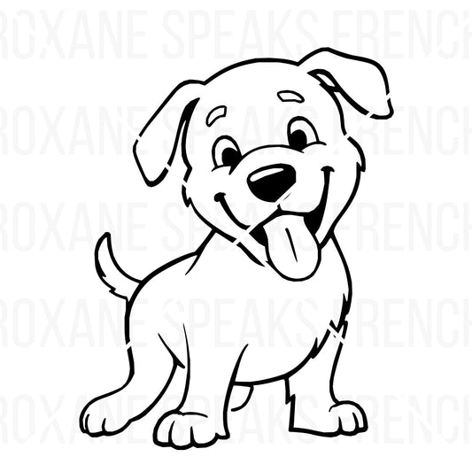 Black and white outline of a cute puppy dog SVG with a happy expression, tongue out, and wagging tail Clipart.