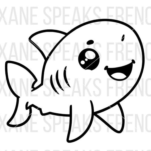 A cute black and white illustration of a smiling shark with big, expressive eyes. The design features clean, bold lines and a friendly, playful expression. The image is available in SVG and PNG formats, suitable for various crafting and DIY projects.