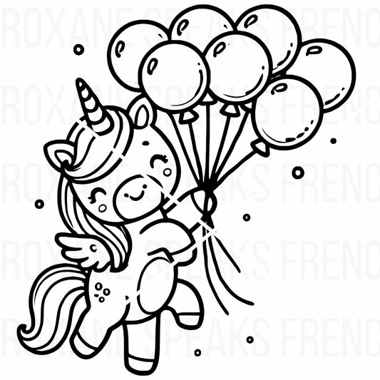 Cute kawaii unicorn holding a cluster of balloons in a simple outline design, ideal for birthday decorations, DIY crafts, kids' party decor, and nursery wall art.