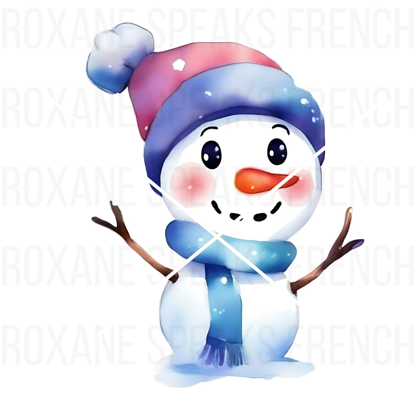 Cute watercolor illustration of a snowman with a blue scarf and pink hat, smiling and holding up stick arms, perfect for holiday and winter-themed designs.