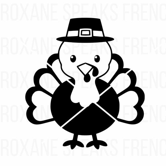 Cute Thanksgiving turkey illustration with a pilgrim hat, designed in a simple outline style, perfect for holiday crafts, kids' projects, and fall decor.