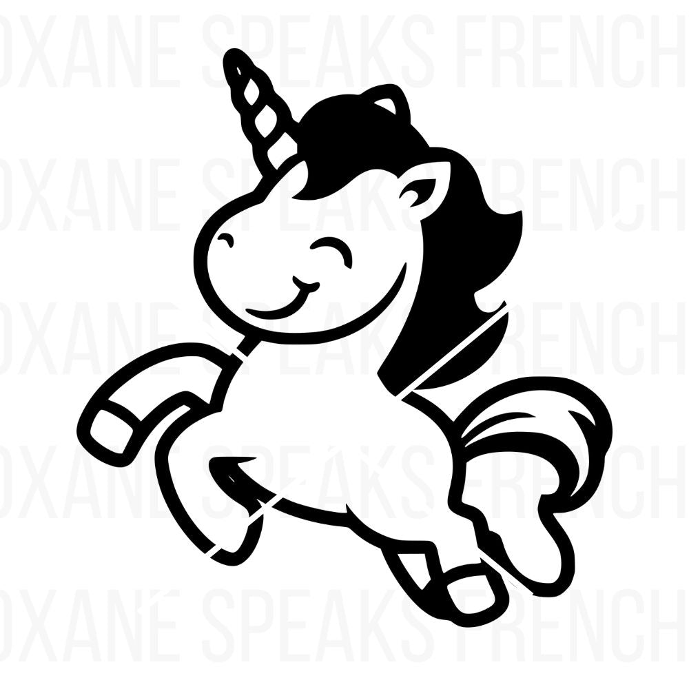 Adorable SVG of a jumping, smiling unicorn in black silhouette, perfect for kids' birthday decor, magical crafts, unicorn-themed DIY projects, nursery decorations, and party printables. Adds a playful and charming touch to fantasy-inspired designs.