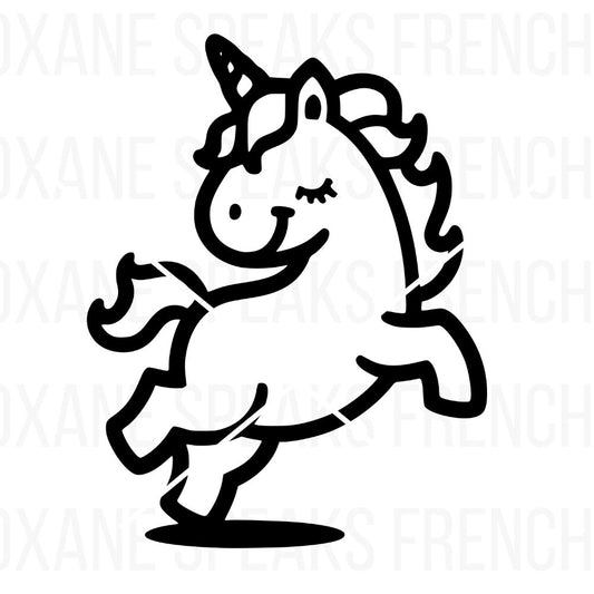 Adorable SVG of a jumping, smiling unicorn in black silhouette, perfect for children's birthday decor, magical crafts, fantasy-themed DIY projects, nursery decorations, and party printables. Adds a playful and charming touch to enchanted designs.