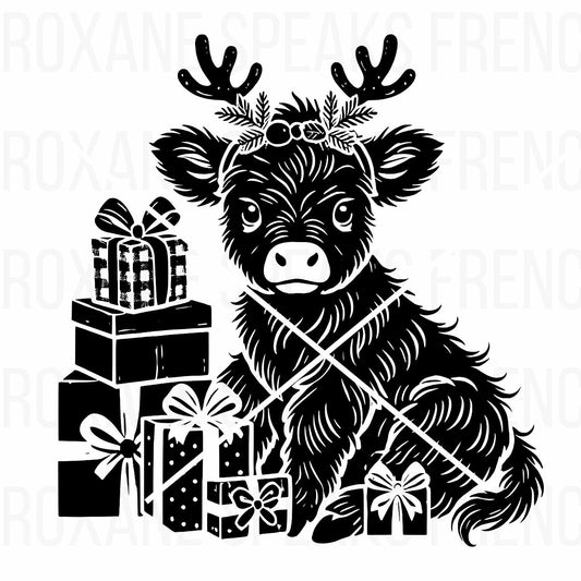 Black and white silhouette of a cute baby highland cow with festive antlers and holiday presents, ideal for Christmas crafts and rustic decor