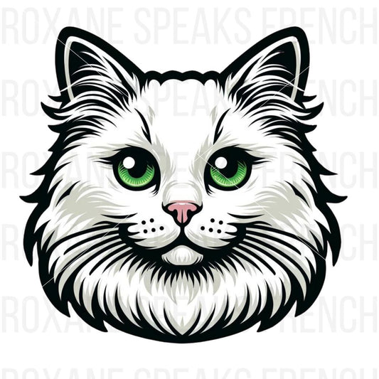 A cute illustration of a fluffy white cat's face with large green eyes and a pink nose, featuring detailed fur and expressive features.