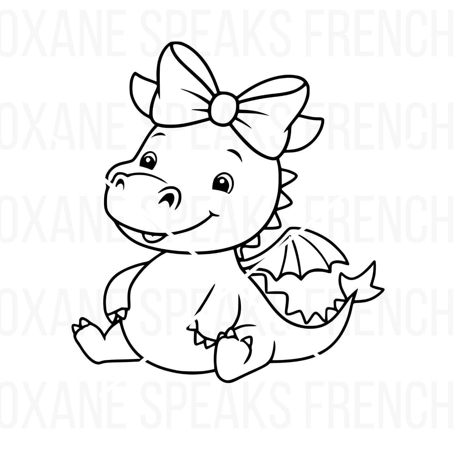 Adorable baby dragon sitting with a big bow on its head, featuring playful wings and a cheerful smile. Designed in clean black outlines, perfect for crafting and DIY projects