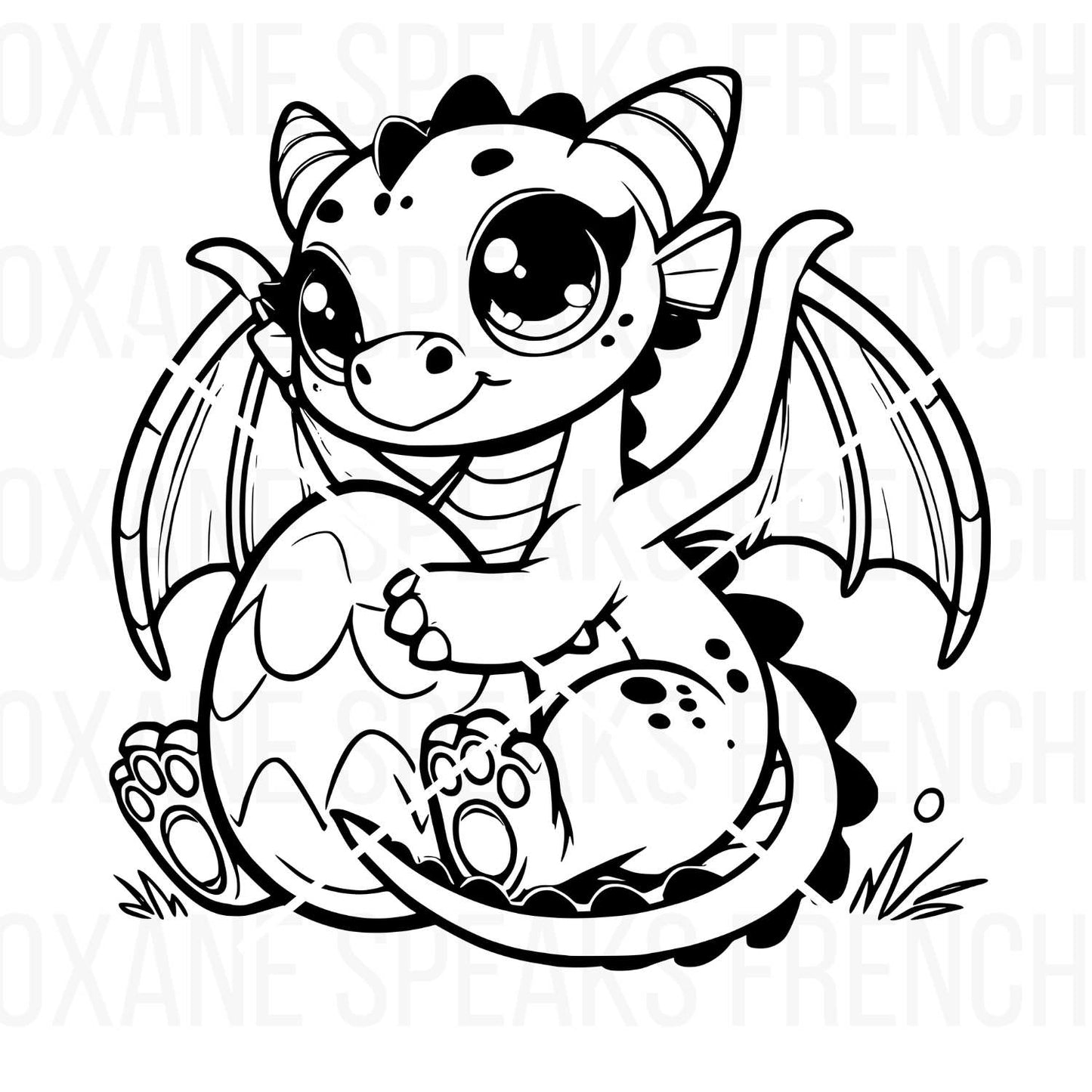 Adorable baby dragon hugging its egg with large expressive eyes, featuring detailed wings and a playful pose. Designed in clean black outlines, perfect for crafting and DIY projects