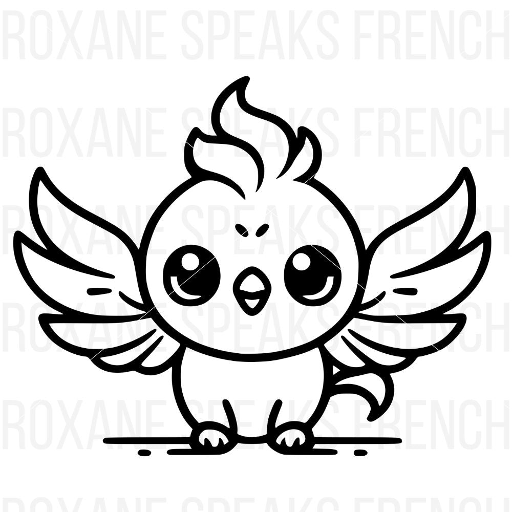 A cute cartoon-style baby phoenix is illustrated in a simple black outline. The baby phoenix has large, round eyes with highlights, small wings spread out on each side, and a small tuft of flame-like feathers on its head, giving it an adorable appearance. 