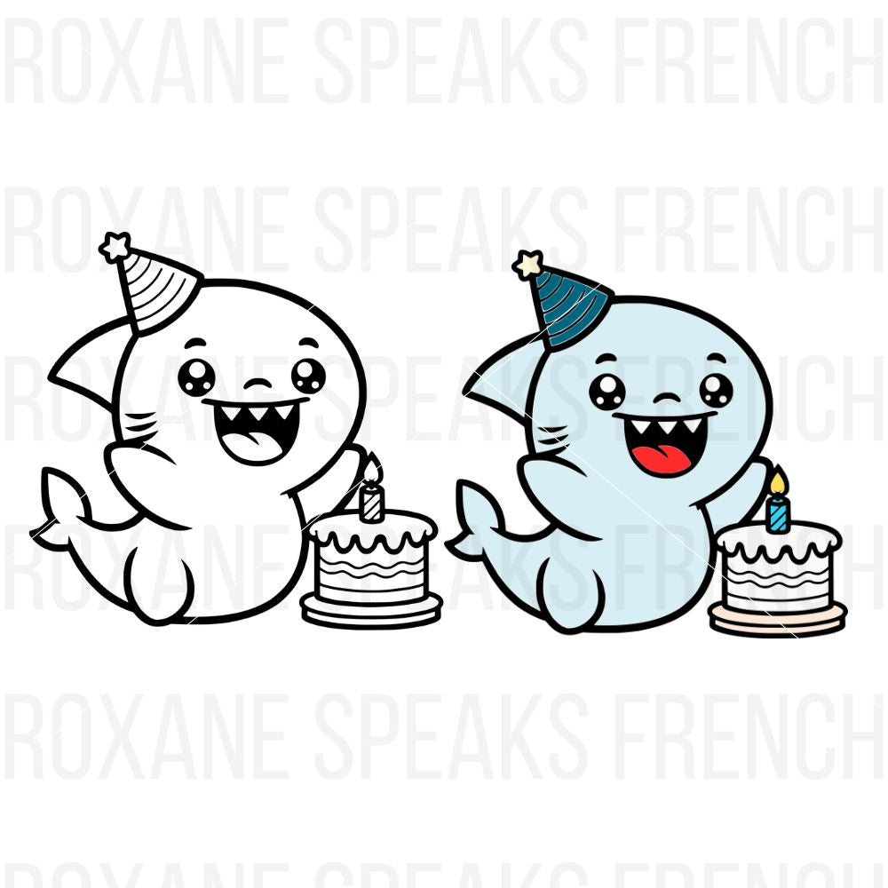 A cute illustration of two cartoon sharks celebrating a birthday with cakes and party hats, perfect for Cricut projects.