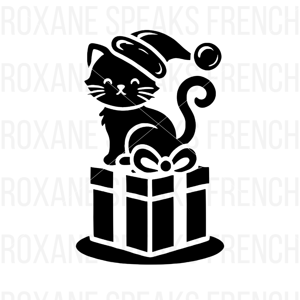 Black silhouette of a cute kitten wearing a Santa hat, sitting on a Christmas present with a ribbon, perfect for holiday-themed craft projects