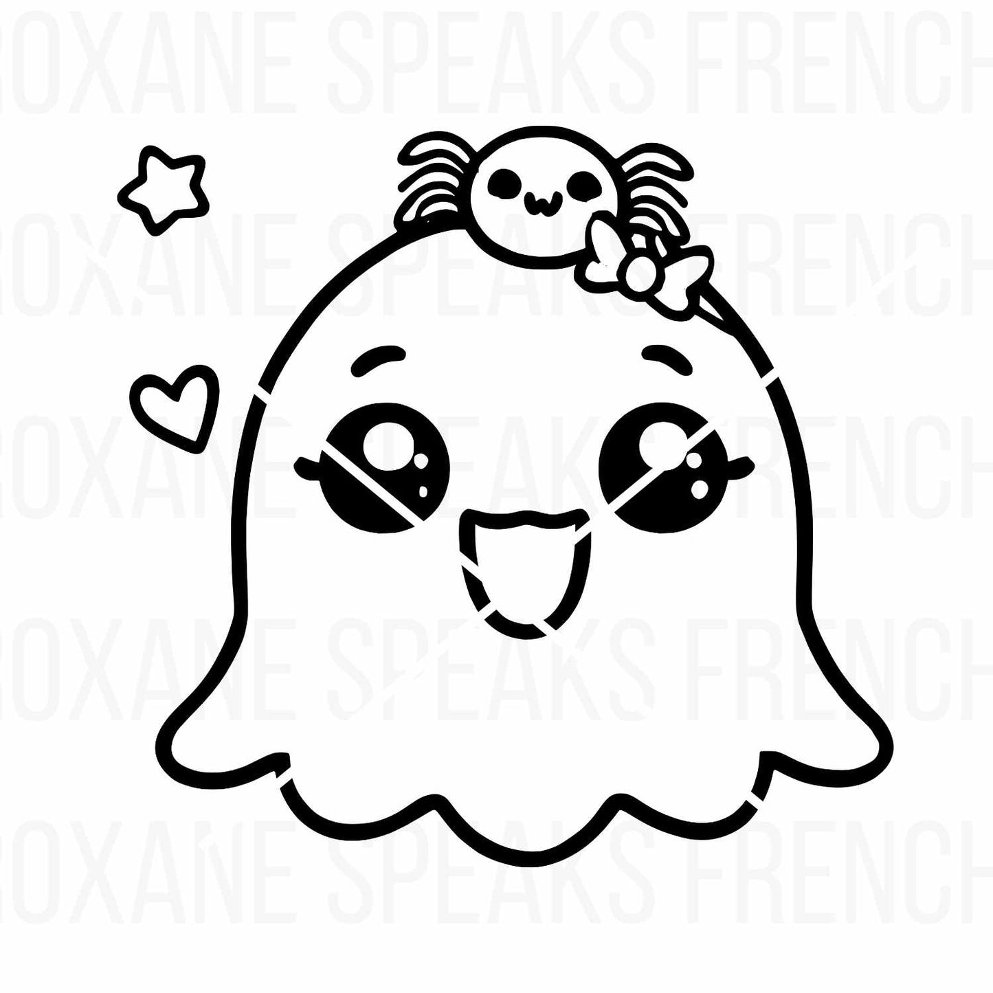 Outline of a cute girl ghost with big eyes, a friendly smile, and a tiny spider wearing a bow on its head. Perfect for Halloween crafts, kids' decor, and stickers.