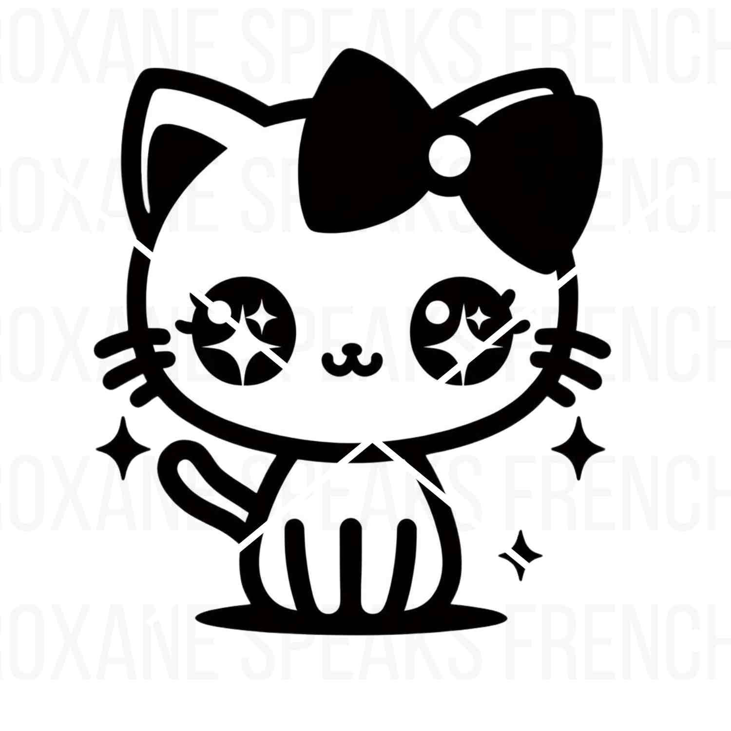 Cute kawaii kitten with a large bow and sparkling eyes in black outline style, perfect for crafting and DIY projects.