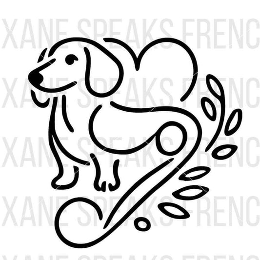 Minimalist art line design of a dachshund dog with a heart and decorative leaves, available as an SVG and PNG file for crafting projects and gifts.