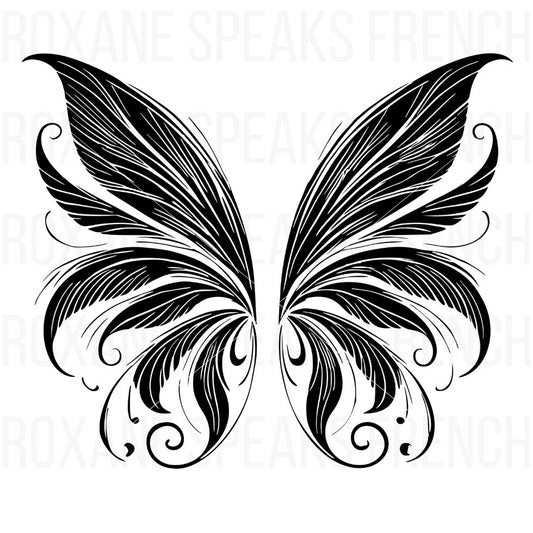 Black silhouette of detailed fairy wings with intricate, flowing patterns