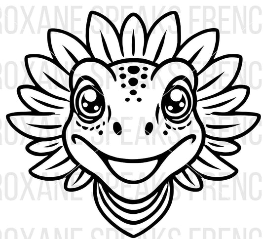 A cute Dilophosaurus with an expressive face and frilled neck, featuring a detailed and friendly design. Perfect for DIY projects like children's clothing, party decorations, and room decor.