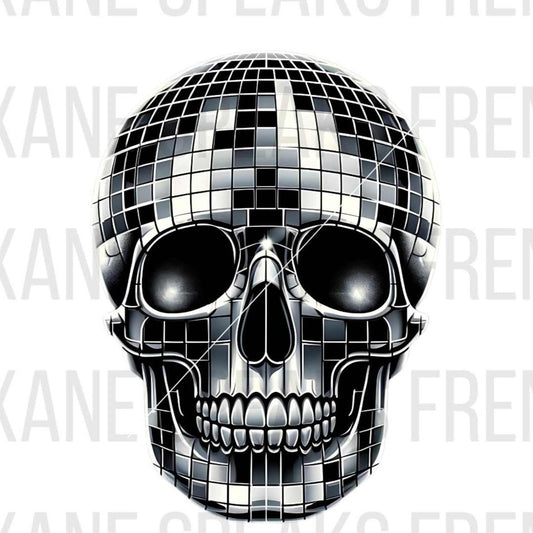 A silver skull disco ball on white background. The image has a watermark on it.