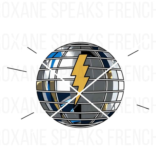 Disco ball with a yellow lightning bolt design, perfect for retro-themed DIY crafts, stickers, and party decorations.