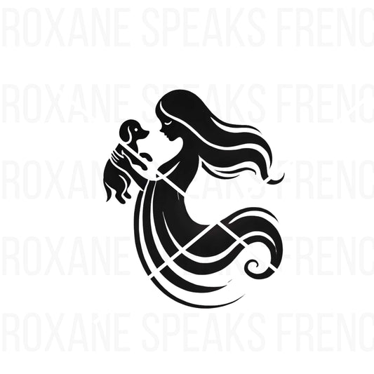 Elegant black silhouette of a woman holding her dog, capturing a loving bond with minimalist, graceful lines. Perfect for pet-themed crafts and decor