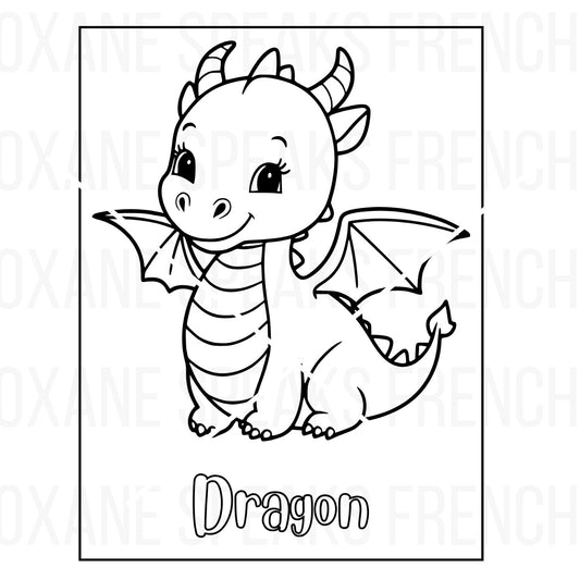 Adorable dragon coloring page featuring a smiling dragon with wings and clean outlines, perfect for kids’ coloring and craft projects.