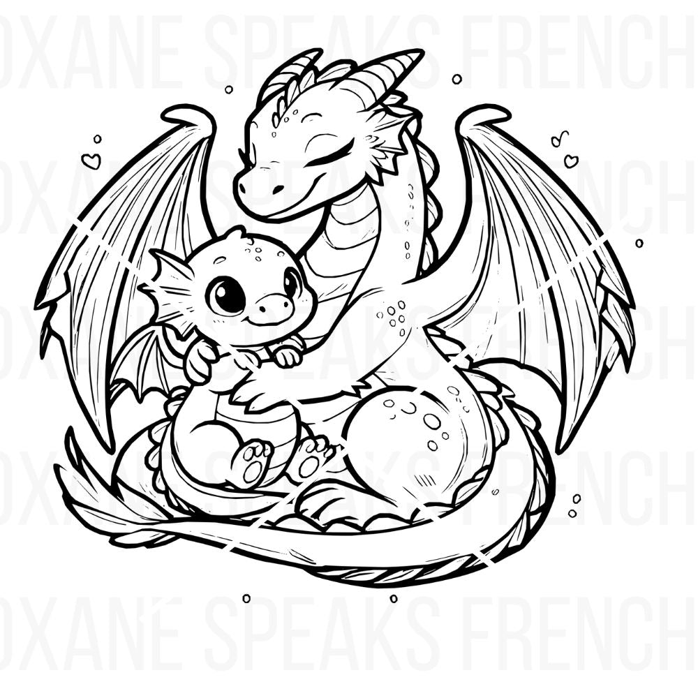 Adorable SVG clipart featuring a loving dragon mom hugging her baby dragon, perfect for fantasy-themed crafts, nursery decor, kids' art projects, DIY printables, and magical scrapbooking. This cute dragon illustration brings warmth and charm to any enchanted design.