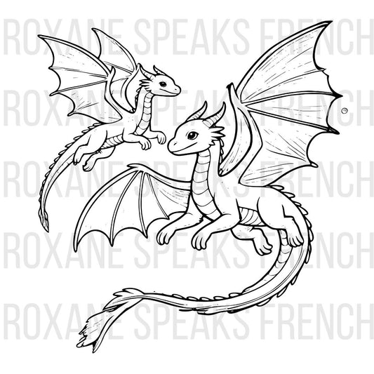 Black and white coloring pageof two dragons on a white background with 'Roxane Speaks French' text.