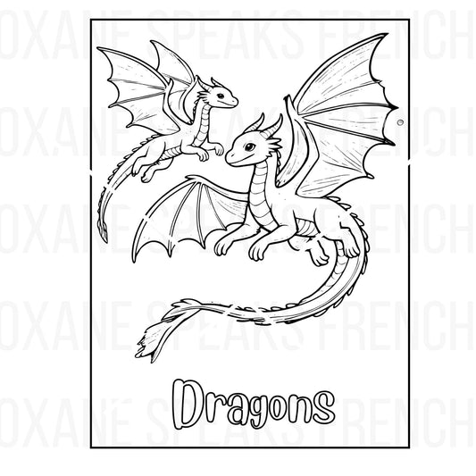 A detailed dragons coloring page featuring two flying dragons with intricate wings and tails, designed for coloring activities and fantasy-themed fun.