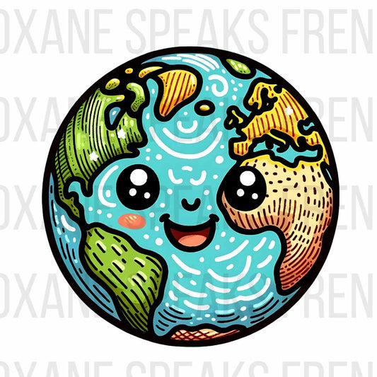 Cute and vibrant "Earth Day" design featuring a smiling Earth with bright eyes and rosy cheeks, available as a high-resolution PNG file.