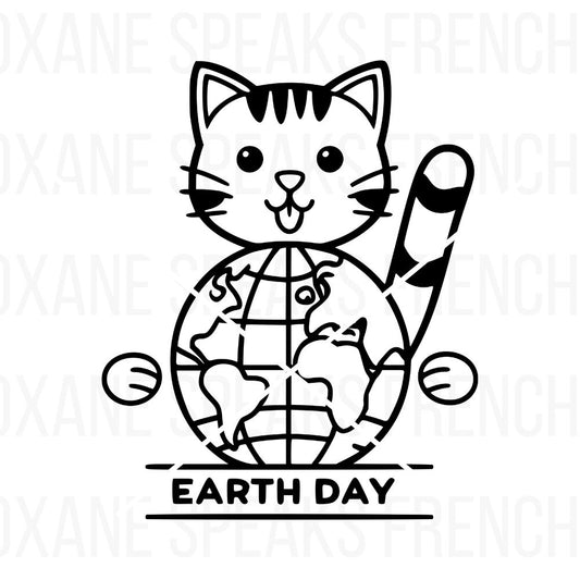 Earth Day coloring page with a cute cat hugging a globe and the words "Earth Day" below. Perfect for kids and adults who love coloring and celebrating environmental awareness.