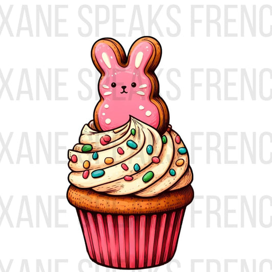 Cute Easter-themed cupcake topped with swirled frosting, colorful sprinkles, and a pink bunny-shaped cookie, available as a high-resolution PNG file.