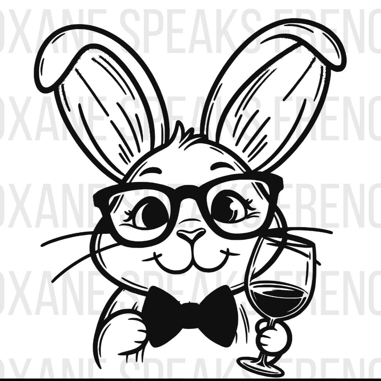 Black and white illustration of a cute bunny wearing glasses and a bow tie, holding a wine glass. The image is in SVG and PNG format, suitable for DIY projects and crafting ideas