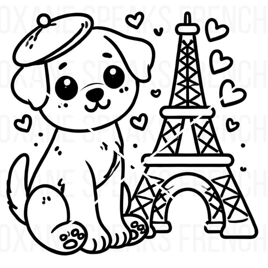 A charming black-and-white Parisian-themed illustration featuring a cute puppy wearing a beret, sitting beside the Eiffel Tower, surrounded by hearts. Perfect for SVG and PNG crafts and French-inspired DIY projects.