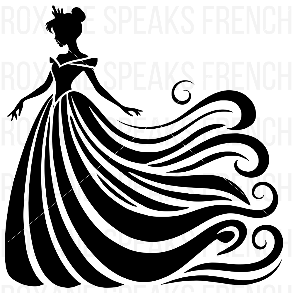  graceful black silhouette of a princess in a flowing gown. The intricate design highlights the swirling, elongated train of the dress that extends behind her.