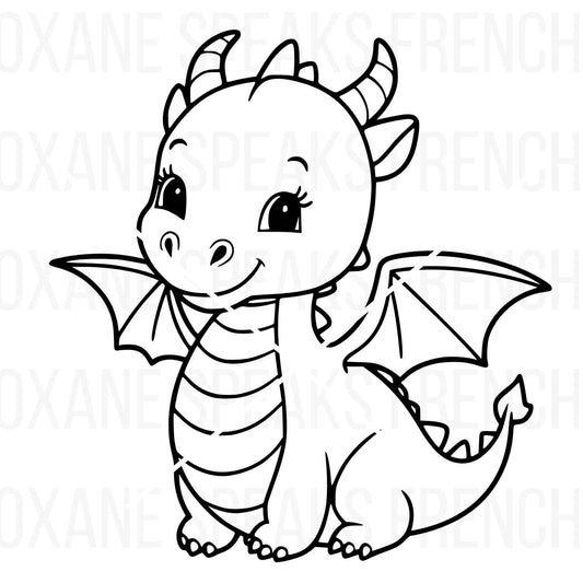 A cute baby dragon coloring page featuring a smiling cartoon dragon with wings, bold outlines, and friendly details, perfect for kids' crafts or DIY projects.