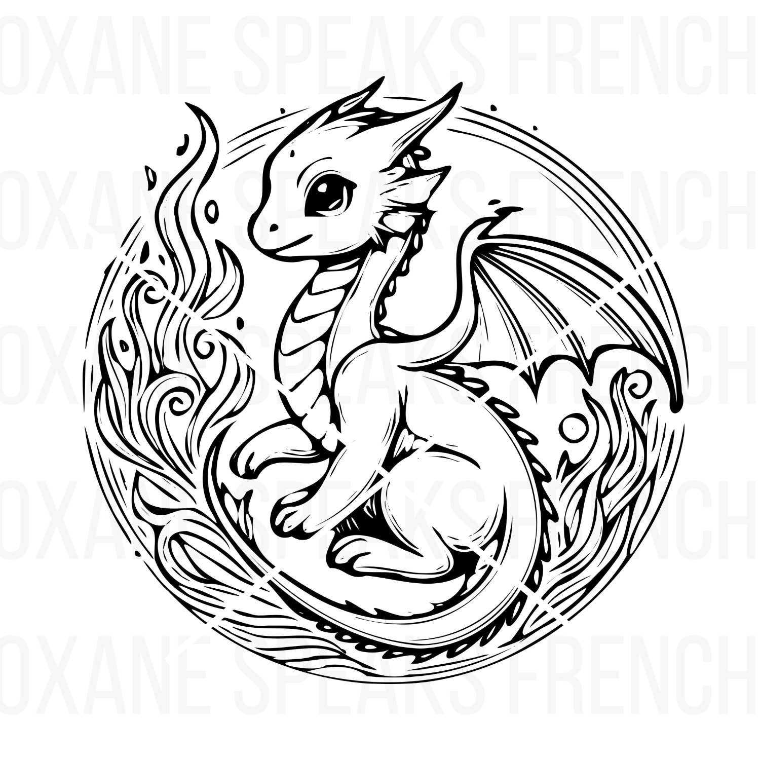 Fantasy baby dragon illustration with intricate fire and swirl patterns, designed in a clean black outline. Perfect for crafting, coloring, and DIY projects.