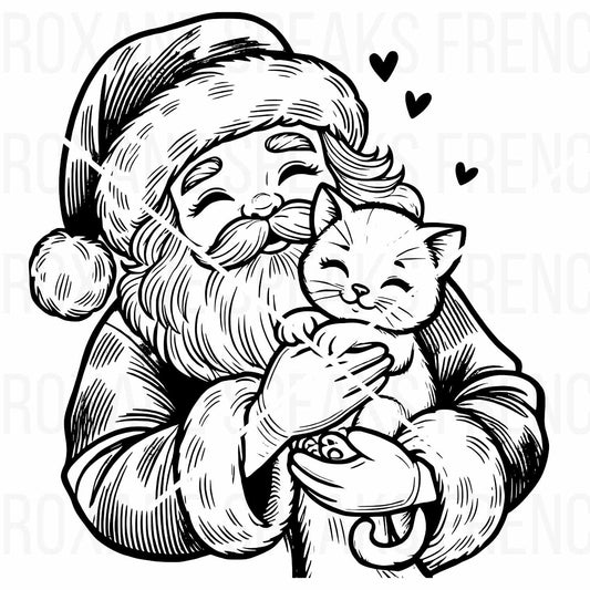 Illustration of Santa Claus holding a happy kitten, with Santa wearing his classic hat and surrounded by hearts, perfect for Christmas-themed designs.