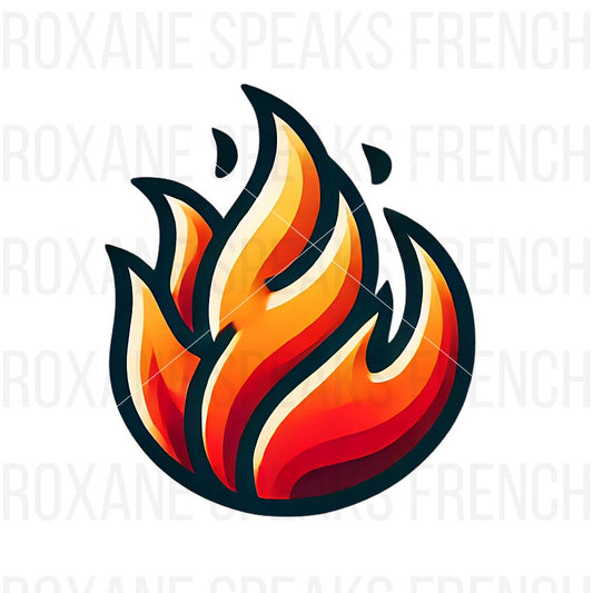 Illustration of a classic fire flame with bold red, orange, and yellow colors featuring smooth, dynamic lines on a clean white background.