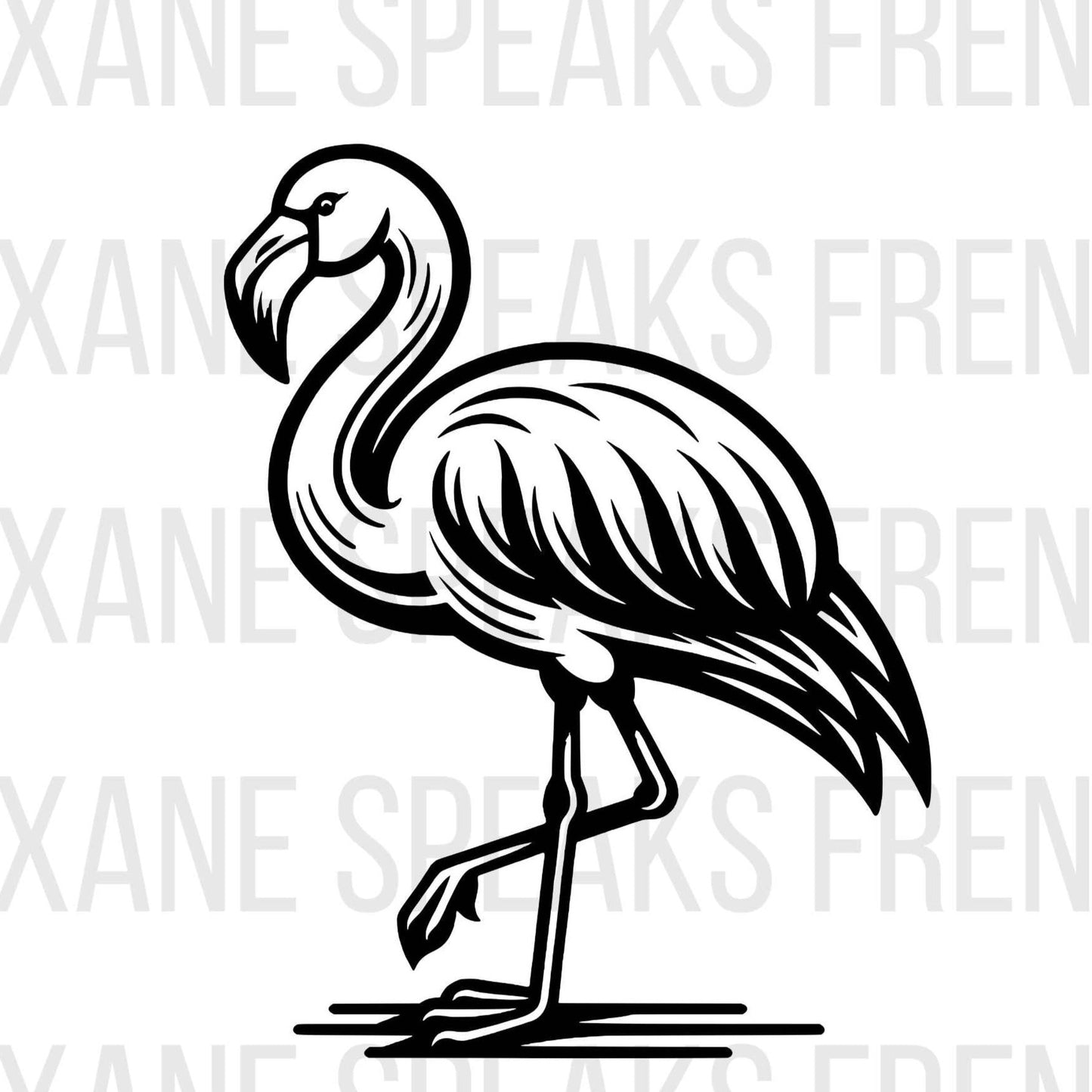 A black outline of a flamingo on a white watermarked background