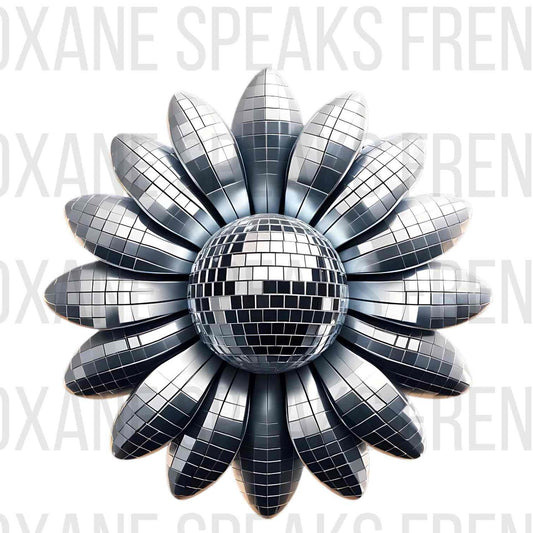 A silver flower disco ball on white background. The image has a watermark on it.