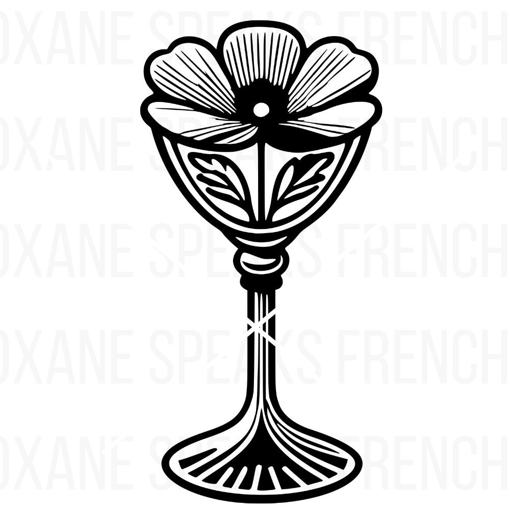 Classic SVG outline of a flower in a glass goblet, perfect for vintage-themed crafts, decorative projects, DIY art, botanical decor, and stylish printables. Adds a refined touch to any artistic design.