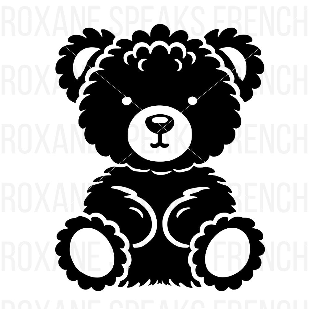 A cute black silhouette of a fluffy teddy bear with a round face and soft features, suitable for Cricut projects.