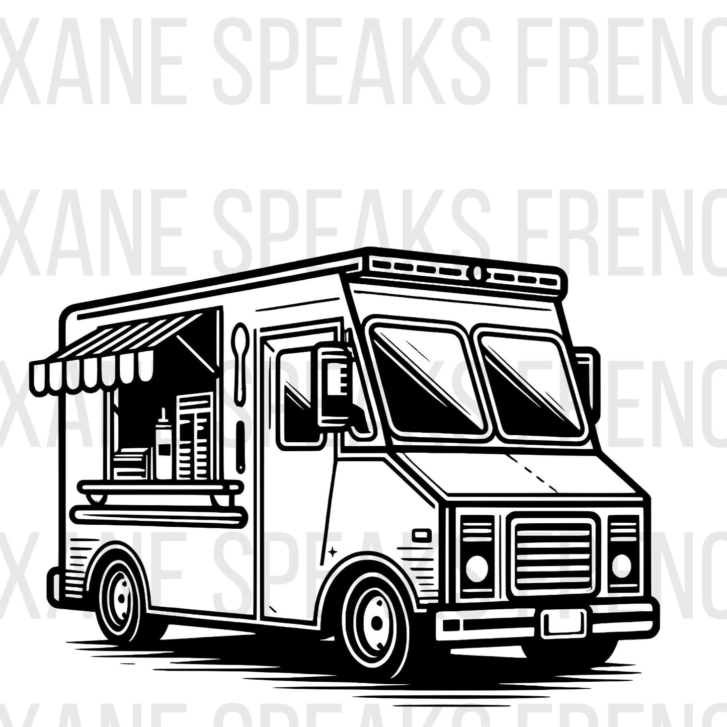 A vector-style image. It represents a black outline of a food truck. 