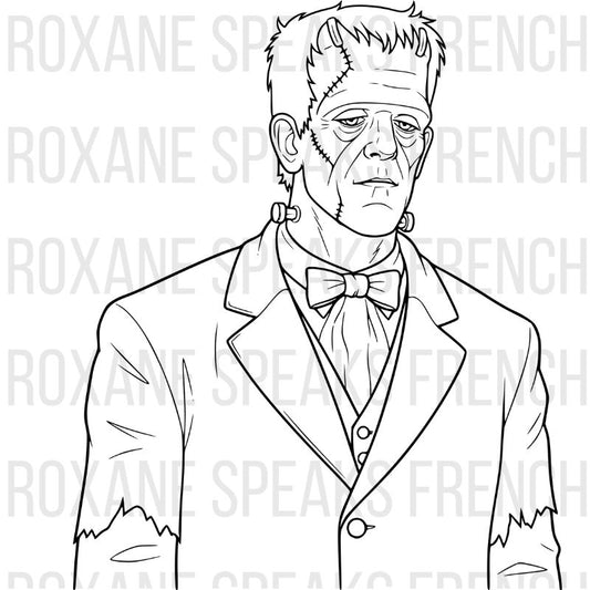 Frankenstein coloring page with classic monster featuring flat-top head, facial stitches, neck bolts, and formal attire - printable line art design for Halloween coloring