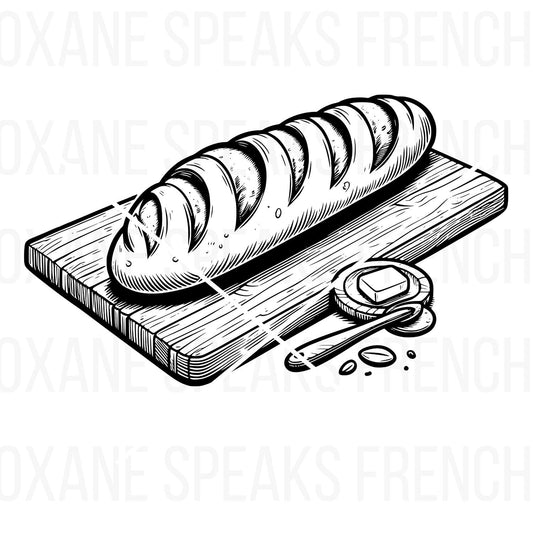 An elegant black-and-white French baguette clipart illustration featuring a freshly baked loaf of bread on a rustic wooden cutting board with a small butter knife and a butter pat. Ideal for bakery-themed crafts, kitchen decor, and French-inspired DIY projects.