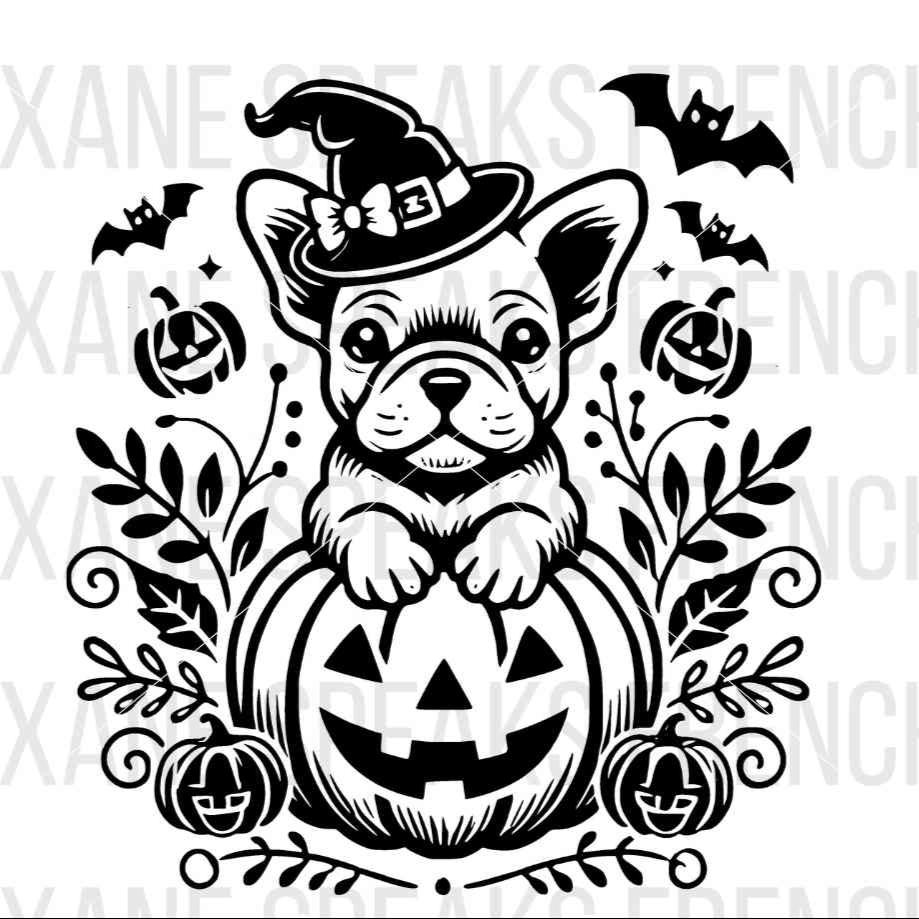 Halloween-themed French Bulldog puppy wearing a witch hat, sitting on a jack-o'-lantern, surrounded by bats and pumpkins, available as an SVG and PNG for crafting projects.