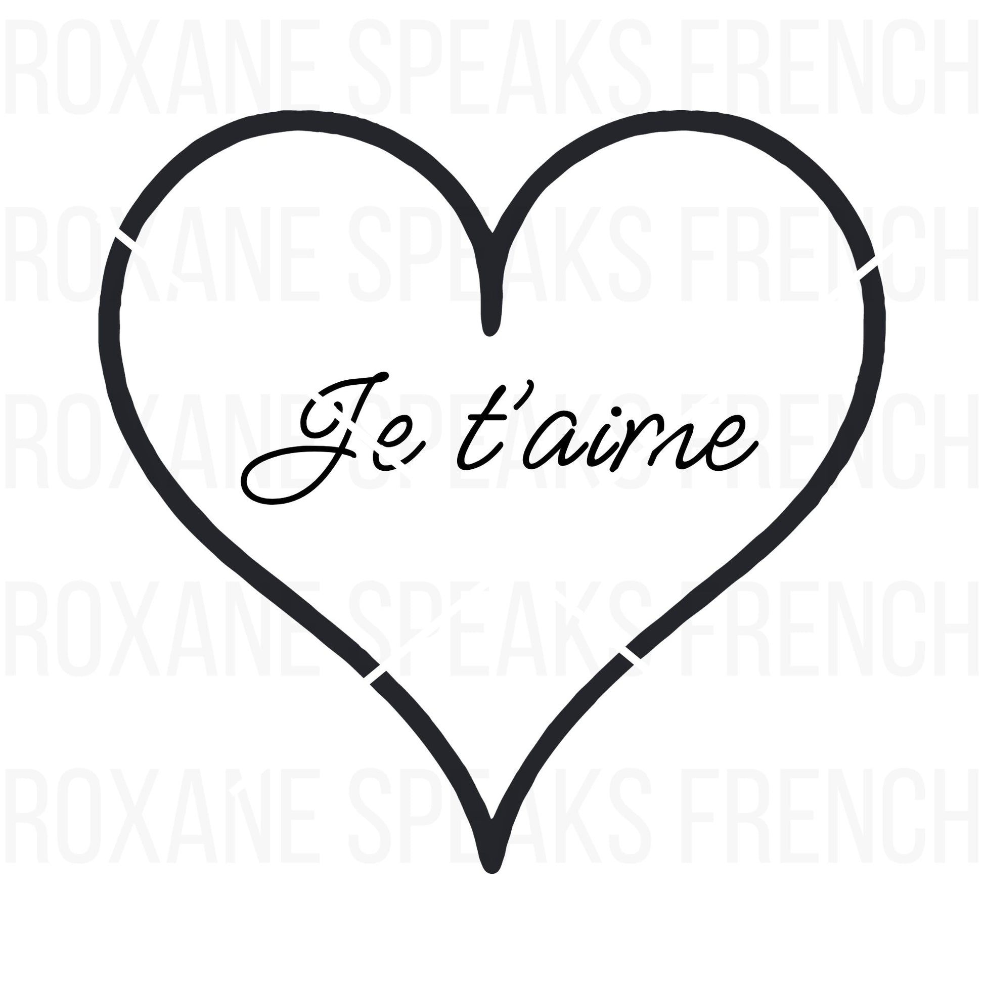 Minimalist heart outline with "Je T'aime" in a hand-drawn style, perfect for French-inspired romantic DIY projects and decor.