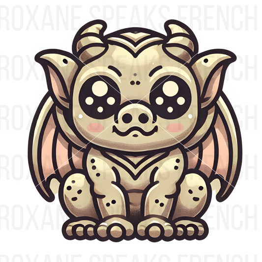 A cute, cartoon-style gargoyle with large expressive eyes and small wings. The gargoyle sits in a friendly, approachable pose with detailed line art, soft shading, and a subtle color palette of beige, pink, and brown tones. 