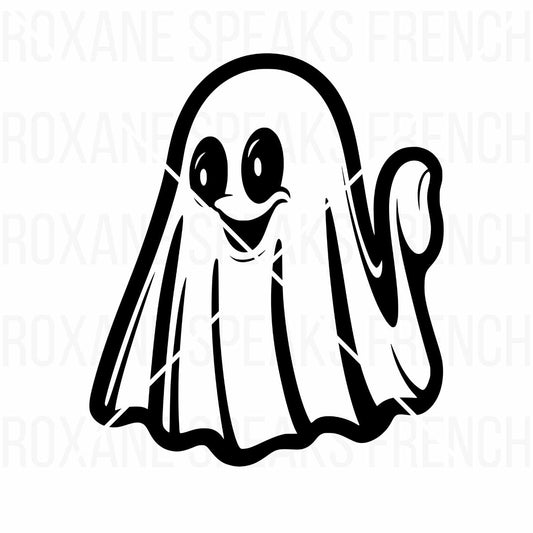 A playful ghost clipart outline with bold lines and a cheerful expression, perfect for Halloween crafts, decorations, and digital projects.