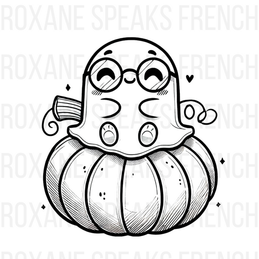 A cute ghost with glasses sitting on top of a pumpkin, designed with bold, clean lines. The ghost has a friendly, smiling face and simple, playful details, perfect for a Halloween-themed coloring page.