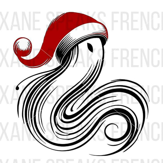 Simple Ghost Of Christmas Past wearing a Santa hat in a whimsical vector style, available as an SVG and PNG file for crafting and holiday designs