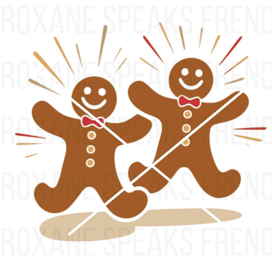 Festive illustration of two smiling gingerbread men with red bow ties, surrounded by colorful holiday accents, perfect for Christmas-themed designs.